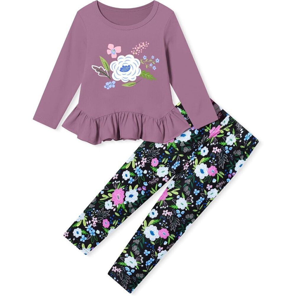 Toddler Girl Clothes Girl 2pcs Fall Winter Outfit Ruffle Hem Top and Full-print